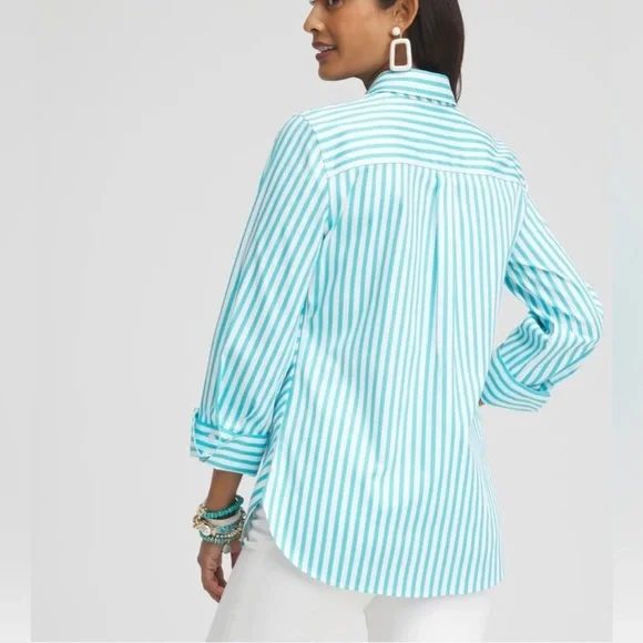 CHICO’S NWOT Women’s No Iron™ Stretch Stripe Shirt Pastel Blue Teal White Large - Picture 5 of 11